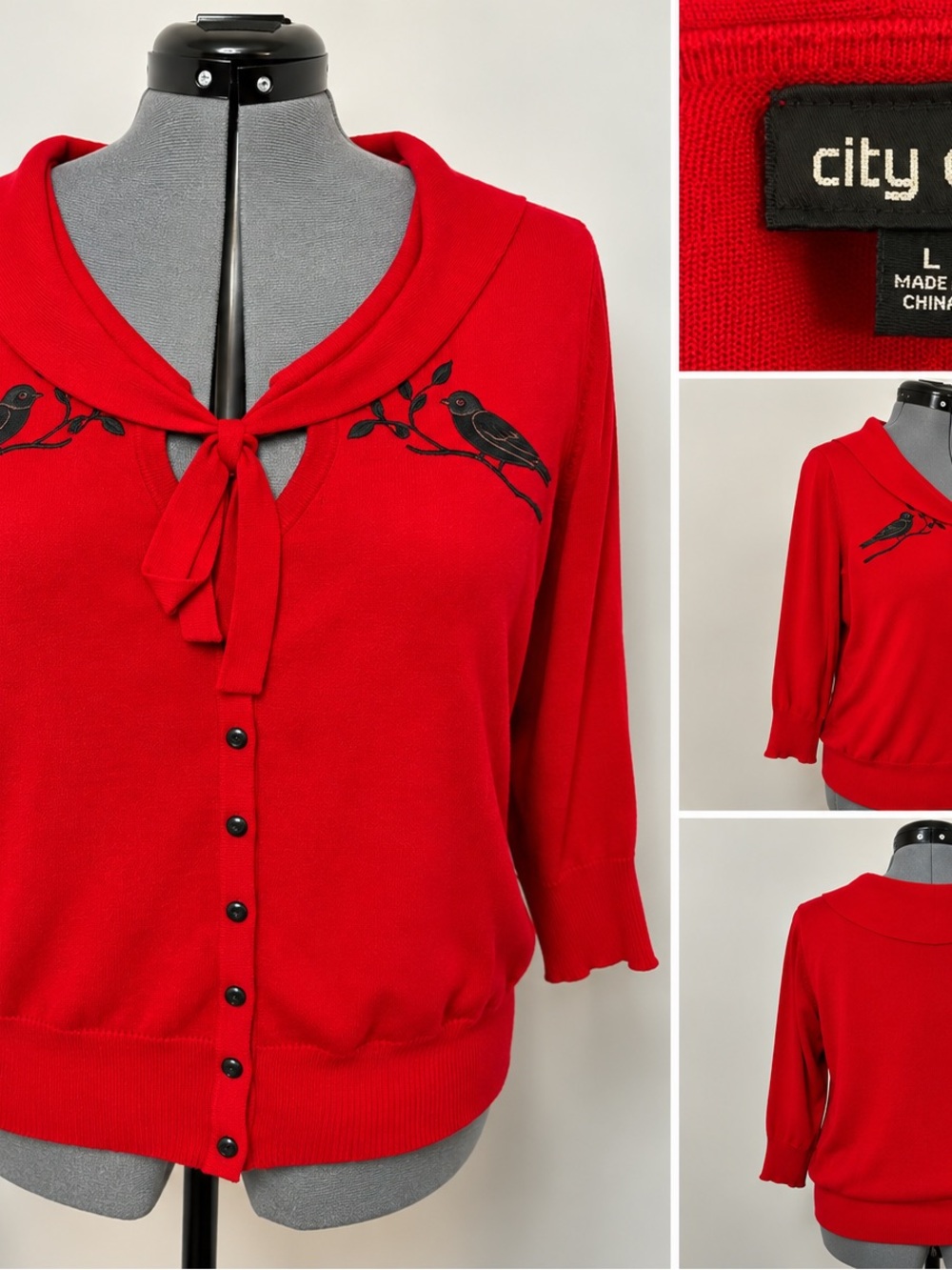 City Chic Red Black Bird Embroidered Sailor Cardigan Size L